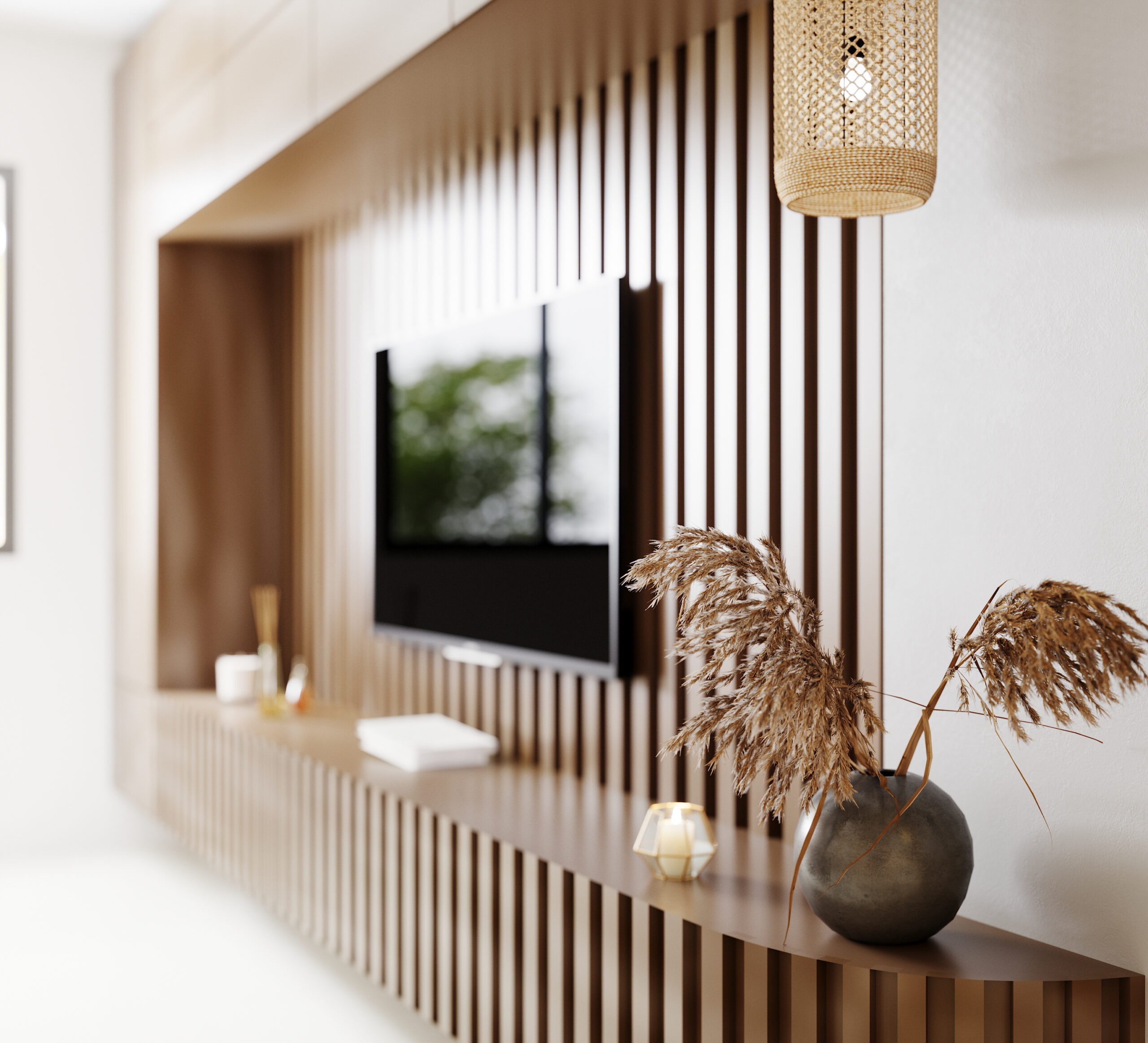 TV area in living room close up, fluted wooden panel with modern decoration, pendant light, living room interior background, tv screen, 3d rendering