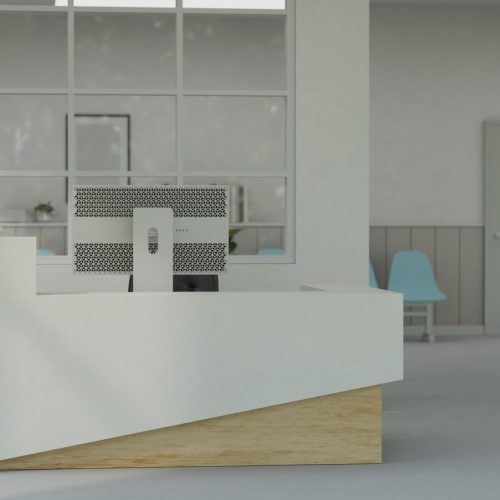 Modern hospital or health canter registration counter or lobby interior design with registration counter, waiting area and examination room. 3d render, 3d illustration