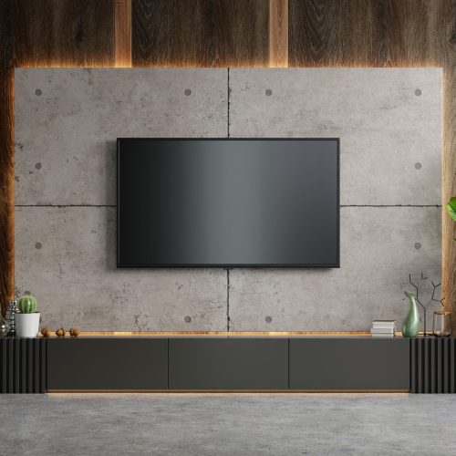 Tv on cabinet the in modern living room the concrete wall,3d rendering