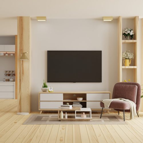 TV room interior mockup in warm tones with armchair which is front the kitchen.